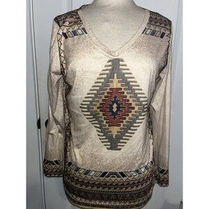 Womens Southwestern Aztec Print Shirt Size XXL Top Tan Stretch Comfort L/S